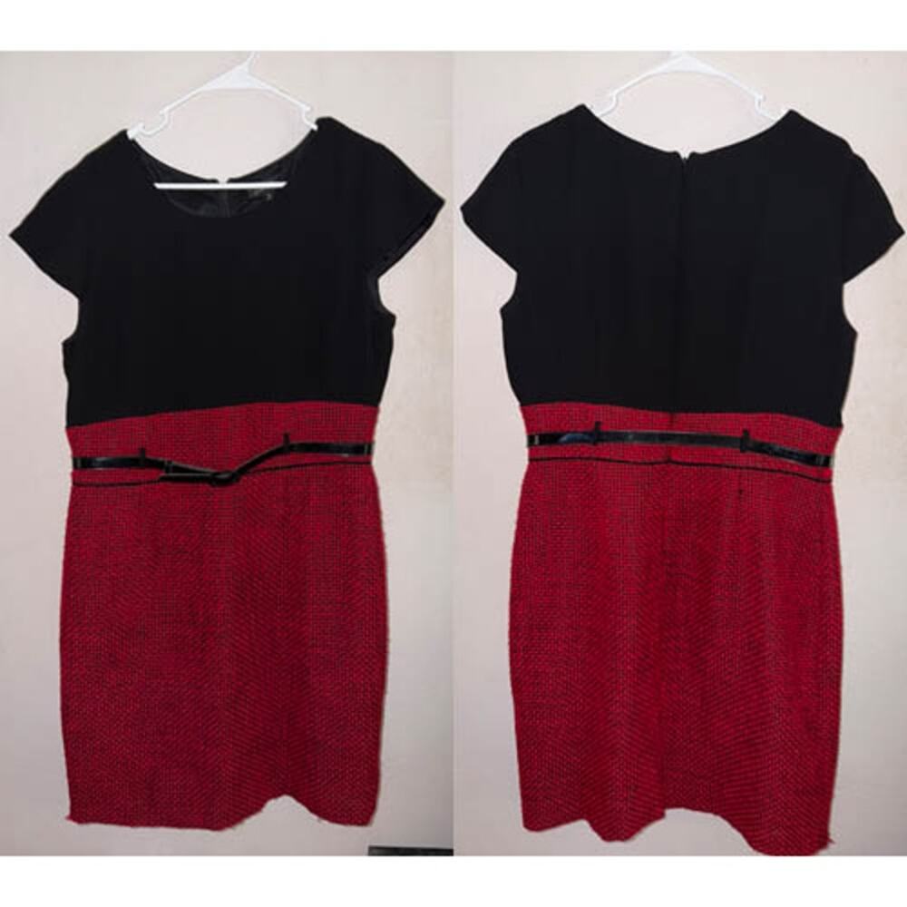 Tahari Arthur S. Levine Black Red Sheath Dress Size 14 Belted Career Dress